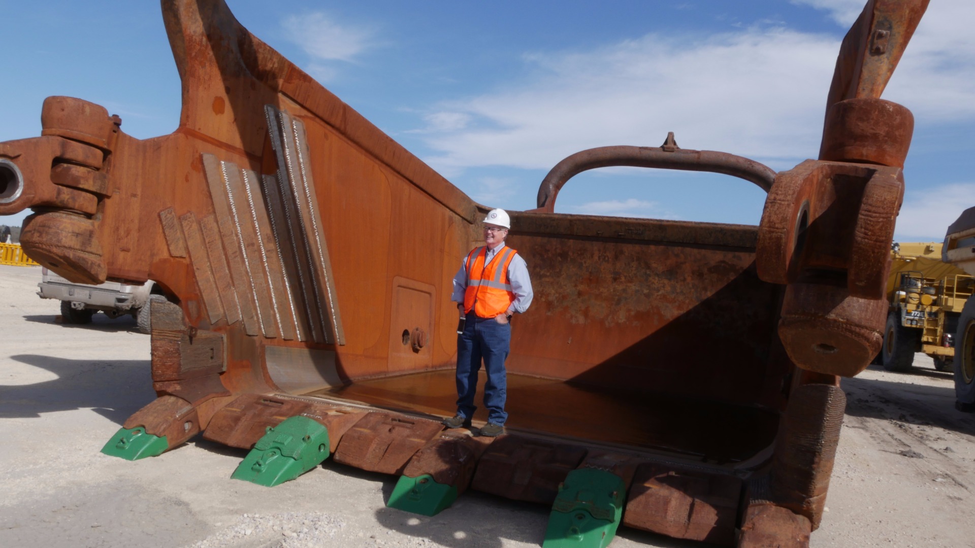Commissioner Christian in a surface mining dragline bucket.